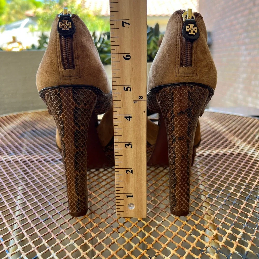 Tory Burch Suede Snakeskin Platform‎ Heels Peep Toe Sandals 7.5M Brown MSRP $425